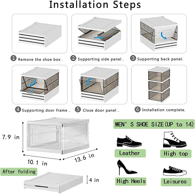 Shoe Storage Organizer Box Foldable Collapsible Stackable Shoe Rack Bins, Fit Size 12, No Assembly, for Men and Women