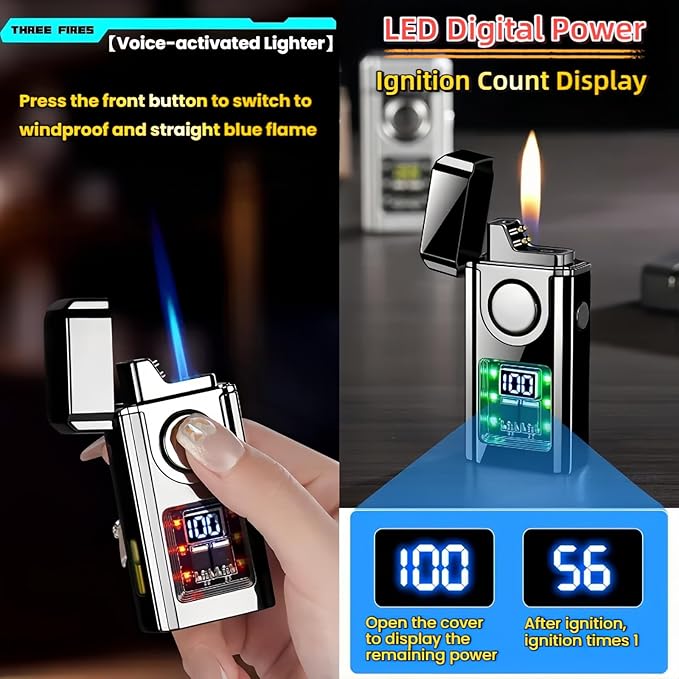 Smart Voice-Activated Lighter - 3 Flames (Blue Torch, Soft Flame & Dual Arc) - Windproof Refillable & Rechargeable Butane Lighters with Multiple Ignition Methods (Without Fuel) (Colored Ice)
