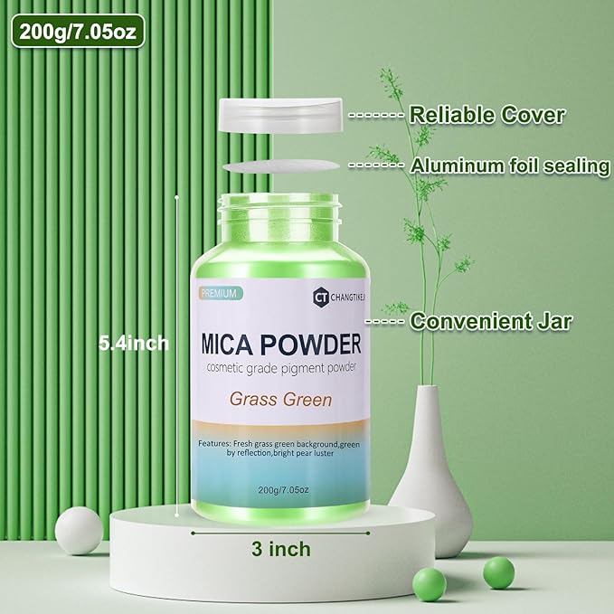Mica Powder,7.05OZ（200g）,Grass Green Mica Powder Pigment for Epoxy Resin，Lip Gloss，Car Paint，Dye，Soap Making，Nail Polish,Epoxy Resin,Candle Making,Bath Bombs