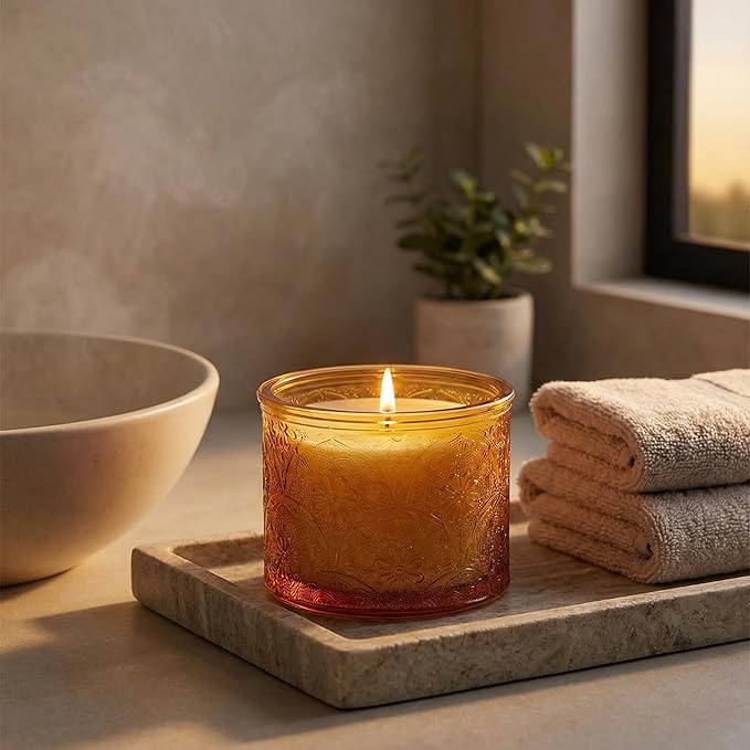 10 oz Embossed Glass Candle Container with Bamboo Lids and Labels,Orange Candle Jars for Making Candles,Mandala Design - Pack of 9