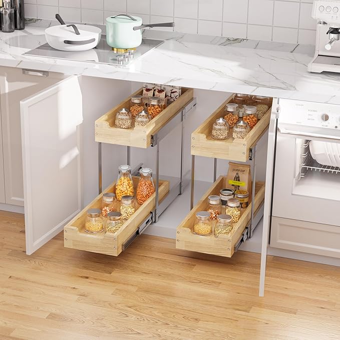 Sikarou Wood Pull Out Cabinet Organizer 2 Tie 9" W x 21" D, Heavy-Duty Sliding Drawers for Inside Cabinets Storage and Organization for Kitchen, Pantry, Bathroom