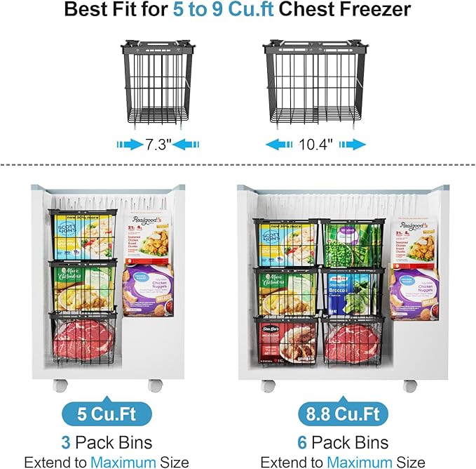 iSPECLE Freezer Organizer Bins - 6 Pack Adjustable Width for 5 to 7 Cu.Ft Chest Freezers, Stackable Freezer Wire Storage Baskets for Deep Freezer Organization, Assembly Required, Black