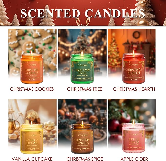 6 Pack Christmas Candles Gift Set, Scented Candles for Home, Soy Wax Luxury Decorative Candle Holiday Gift Set, Christmas Tree/Cookies/Hearth/Apple Cider/Spices/Vanilla Jar Candle