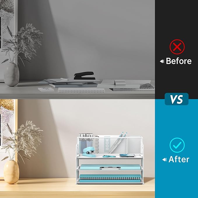 3 Tier Paper Letter Tray Organizer with Pen Holder for Desk, Black Metal Mesh Desk File Folder Sorter Organizer with Handle and Sliding Tray for Home, Office, School Supplies Organization(White)