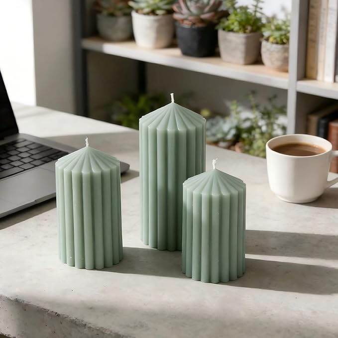 3 Pack Sage Green Ribbed Pillar Candles - Soy Wax Unscented, 2.76"x4.2/4.9/5.9 in Smokeless Non Toxic Cotton Wick, Aesthetic Modern Candles for Home Decor, Dinner Table, Living Room, Housewarming Gift