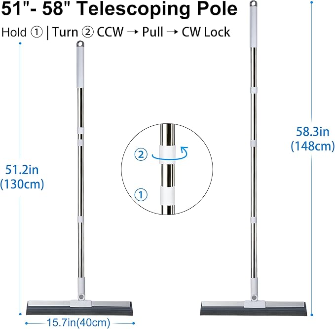 3-in-1 Floor Squeegee with 51″-58″ Telescoping Handle & 180° Rotating Head for Tile, Hardwood & Under-Furniture Cleaning, Air Broom for Water & Pet Hair Removal