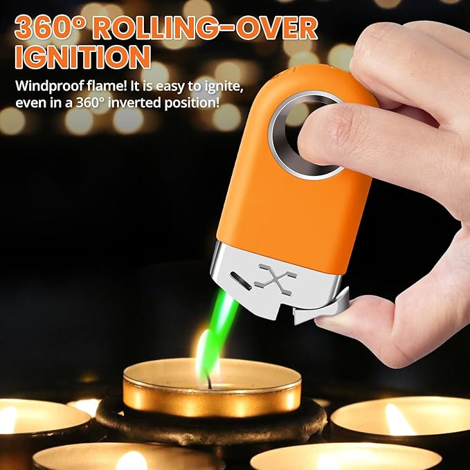 Mini Torch Lighter Cool Ring Lighter Creative Fidget Keychain Lighters Refillable Butane for Candle BBQ, EDC Pocket Lighters with Adjustable Jet Flame, Unique Gifts for Men Women (Orange)