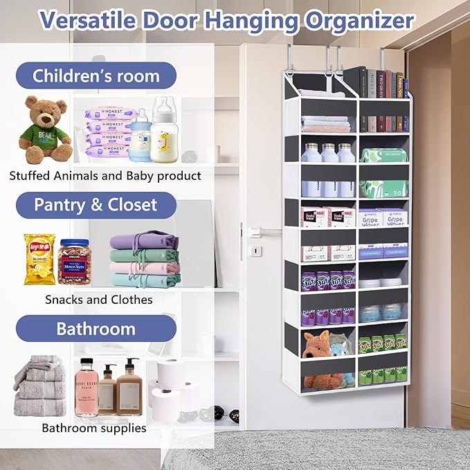 Heavy Duty Over The Door Organizer 5 Tiers, Extra Large Behind Door Storage of 10 Front & 10 Mesh Pockets, 80lb Weight Capacity, Hanging Doors Storage for Closet Bedroom Nursery, Dark Gray