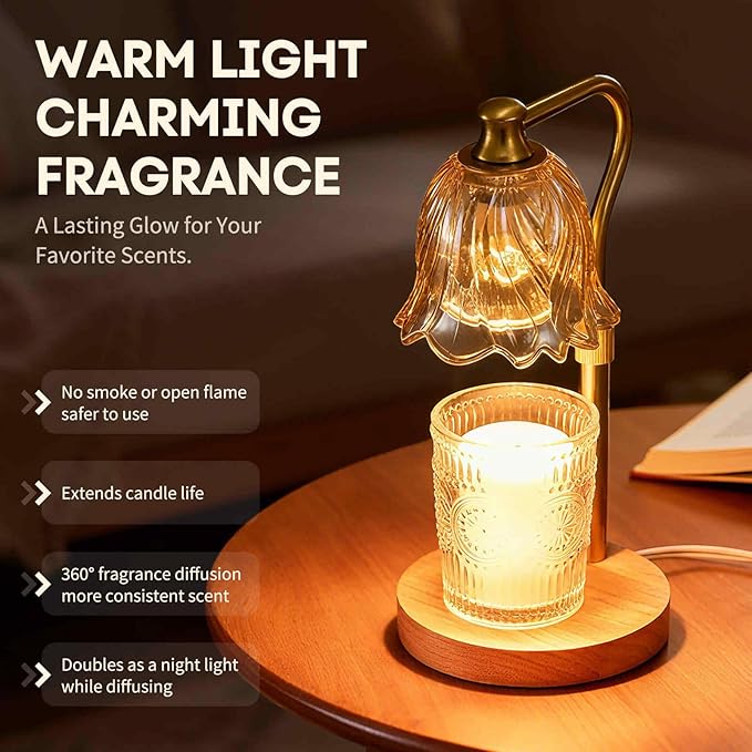 Candle Warmer Lamp with Timer and Dimmer, Adjustable Height Candle Warmer with 2 Bulbs for Living Room Bedroom Home Room Decor, Gift for Women, Wooden Base