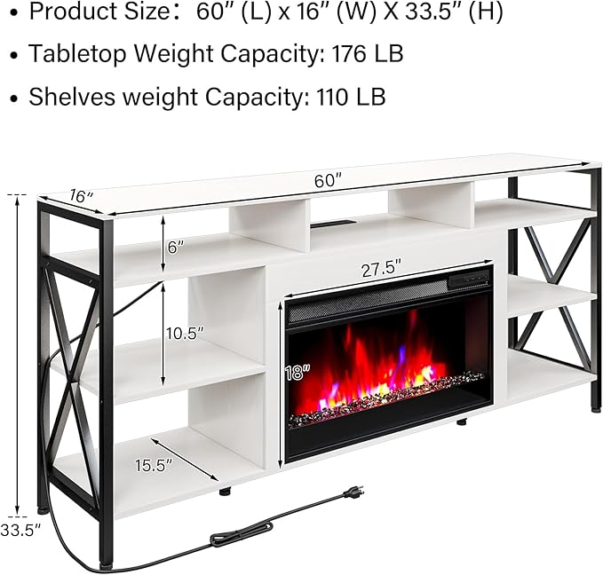 TC-HOMENY 60" TV Stand with 27.5" Electric Fireplace, TV Console with Power Strip for TVs Up to 70", Entertainment Center Storage Cabinet and LED Strip Lights with Remote Control Living Room White