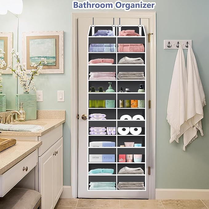 Heavy Duty Over The Door Organizer 6 Tiers, Extra Large Behind Door Storage of 12 Big Front & 12 Mesh Pockets, 80lb Weight Capacity, Hanging Doors Storage for Closet Bedroom Nursery, Gray