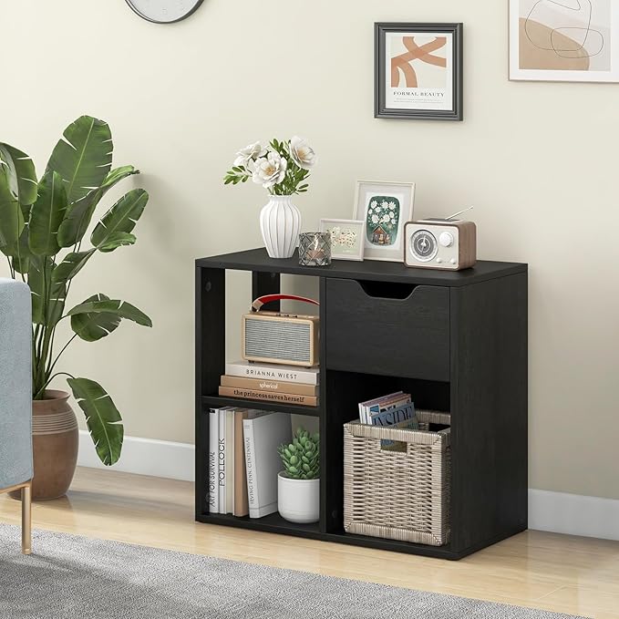 LOKO 3-Cube Bookshelf with Drawer, 2-Tier Open Shelf Bookcase, Freestanding Display Shelf, Modern Home Storage Organizer, Shelving Unit for Living Room, Bedroom, Study, Office (1, Black)