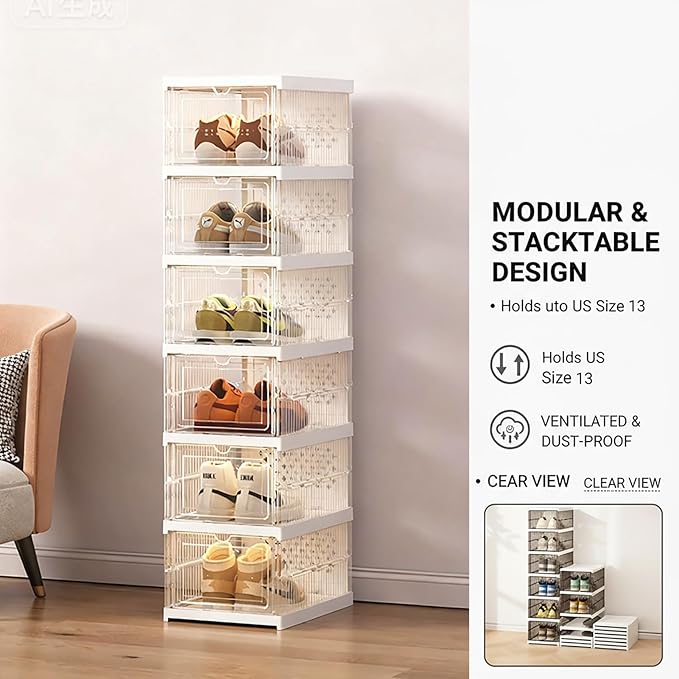 Shoe Storage Organizer Box 6-Tier Foldable Collapsible Stackable Shoe Rack Bins, Fit Size 12, No Assembly, for Men and Women (Transparent)