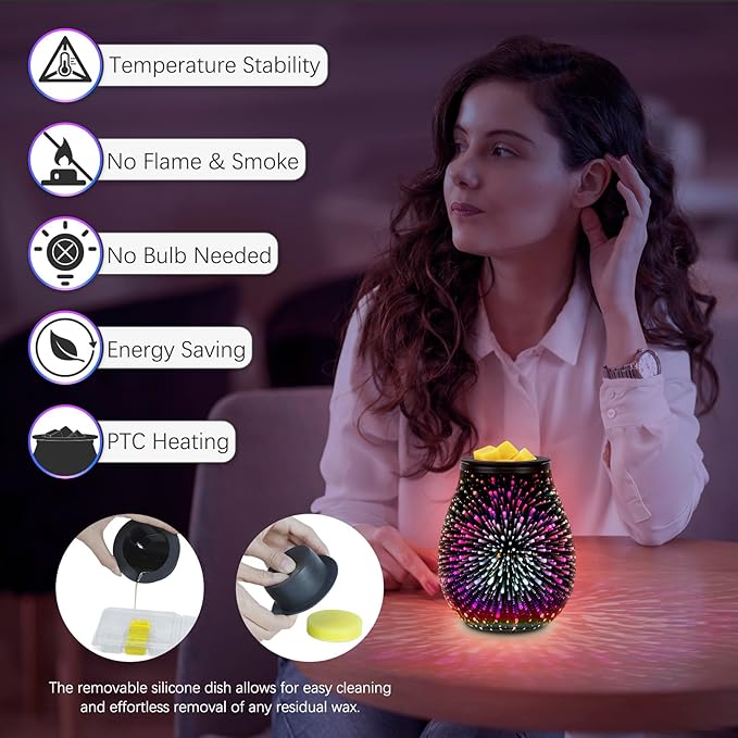 EQUSUPRO Wax Melt Warmer Wax Melter Wax Burner for Scented Wax Electric Fragrance Warmer for Wax Cubes & Tarts, Vivid 3D Design 7 Colors LED Light Gift & Decor for Home Office Studio (Fireworks-PTC)