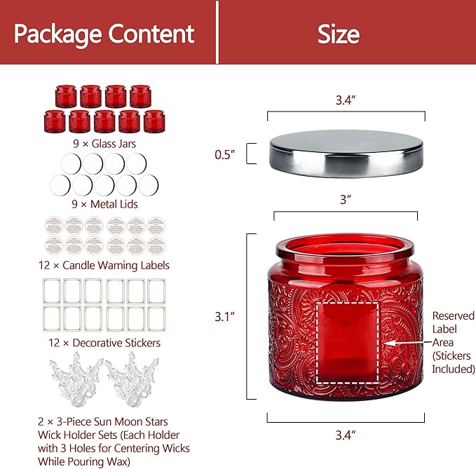Art Secret 9 Pack 10oz Sun Moon Star Embossed Glass Candle Jars with Mirror Lid, Patented Design for Candle Making (Red)