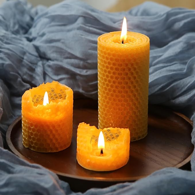 Hand-Rolled Beeswax Candles, 4 Packs, Handcrafted Honeycomb Beeswax Pillar Candles, Natural Bee Farm Gifts for Candle Lovers,Home Decor, Air Purify (2x4 in)
