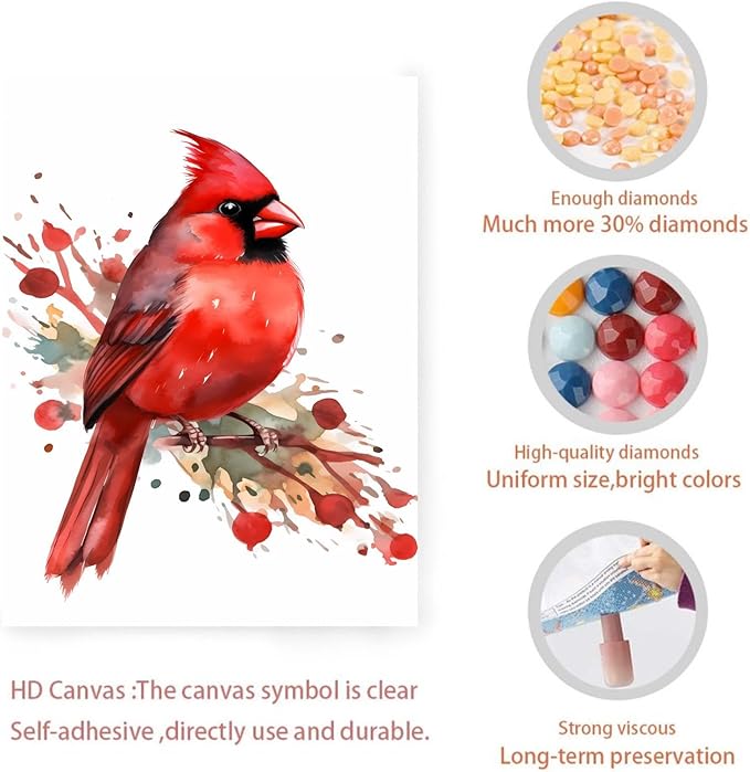 GUAIEUW Proud Red Bird Diamond Painting Kit for Adults, Full Round Diamond Cardinal Bird 5D Diamond Painting DIY Art Crafts for Winter Home Wall Decor Holiday Gift 16x24 Inch