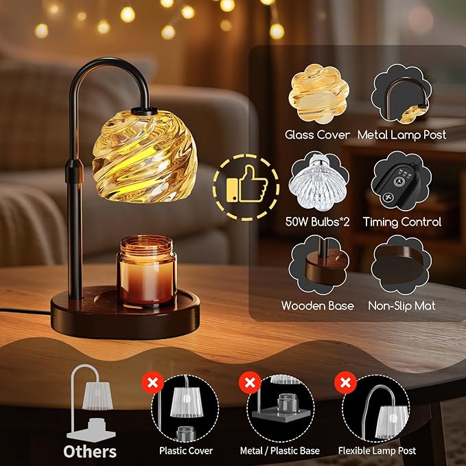 Candle Warmer Lamp with Timer Dimmer, Electric Candle Warmer with Adjustable Height for Home Decor, Valentines Birthday Gifts for Women Men Mom, Wax Melter for All Jar Sizes, 2Bulbs,Black