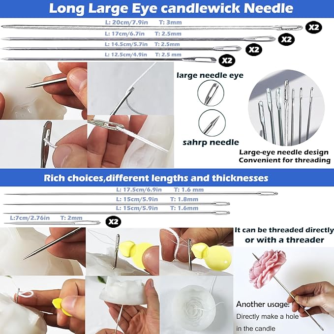 45PCS Candle Making Kit for Candle Drilling&Mold Punching,7.9" Extra Long Big Eye Needle Hand Twist Drill Bits Multi Sizes with Plastic Box,Candle Mold Punch Set with Hook Eye for Inserting Mold Wicks