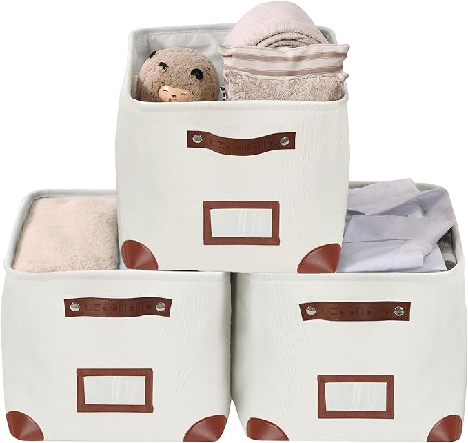 DECOMOMO White Storage Bins Fabric Storage Baskets for Shelves & Linen Closet Organization (Creamy White W/ Label holder, Large - 3 Pack)