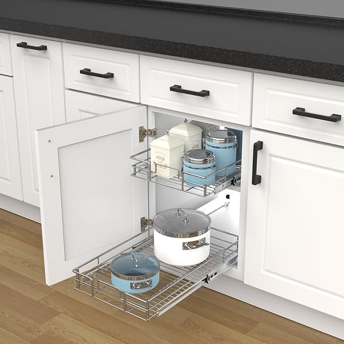 Pulloutor Pull Out Cabinet Organizer - 11" W x 21" D, Slide Out Kitchen Cabinet Storage Shelf and Drawer Organizer, For Home, Pantry, Bathroom, Chrome Finish