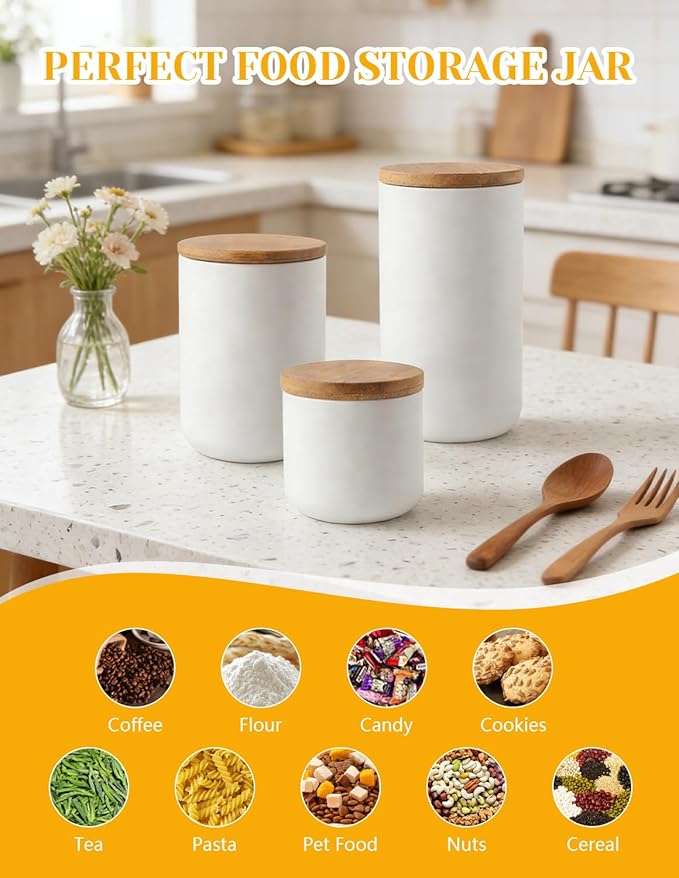 Ceramics Food Storage Jar Canister with Airtight Seal Bamboo Lid, Simple Style Kitchen Canister for Food Storage, Store Coffee, Sugar, Tea, Spices and More (White (27.05oz/800ml))