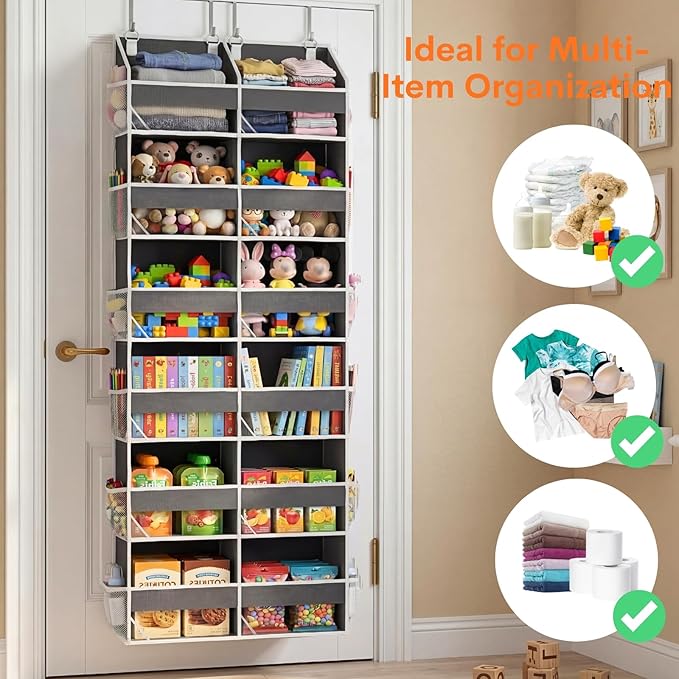 2 Pack Over The Door Organizer 6 Tiers, Extra Large Behind Door Storage of 12 Compartments, 80 lbs Weight Capacity Hanging Storage Organizer with Clear Window Kids Toys,Shoes (6 Tiers - Grey)