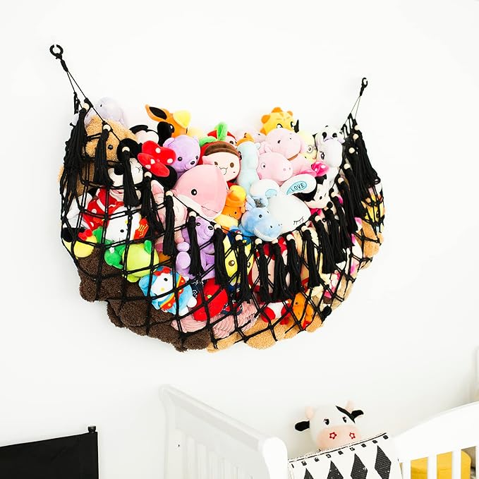Stuffed Animal Hammock Wall Mounted Hanging Net for Stuffed Animal Storage Holder Handmade Macrame Toy Hammock Boho Nursery Organizer Plushies Net(Black)