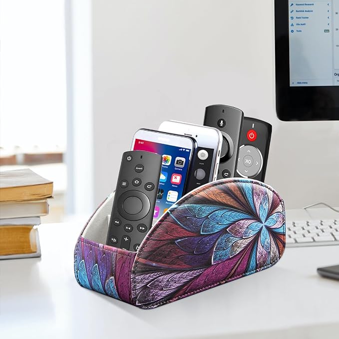 YAPISHI Remote Control Holder, 5 Compartments TV Remote Holder Caddy for Table, Nightstand Organizer for Remotes/Media Controllers/Office Supply, Bedside Decorations for Living Room， PU Leather