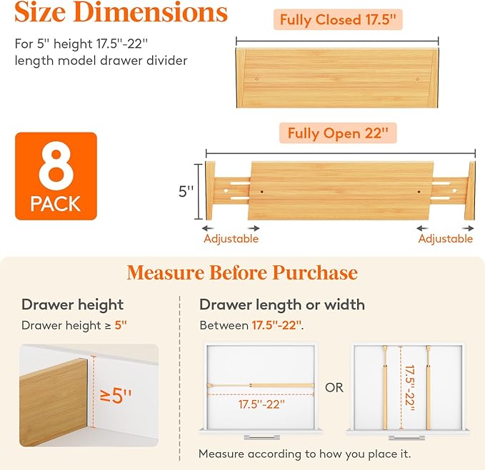 Lifewit 5" High 8 Pack Bamboo Drawer Dividers 45-55cm/17.5-22" Adjustable Wooden Drawer Organizer for Clothes/Utensils, Expandable Drawer Separator for Dresser/Kitchen/Bedroom/Office Organization