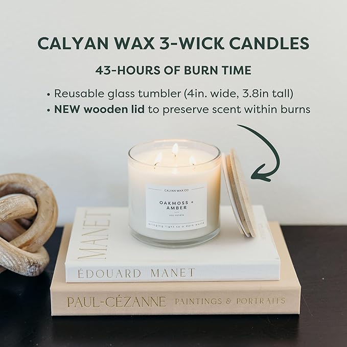 Calyan Wax Co. Vetiver & Tonka 3 Wick Scented Candle - 43 Hour Burn - Luxury 3 Wick Soy Candles - Non Toxic Soy Wax Candles - Long Lasting Large Glass Jar Candle for Home - 14.9oz