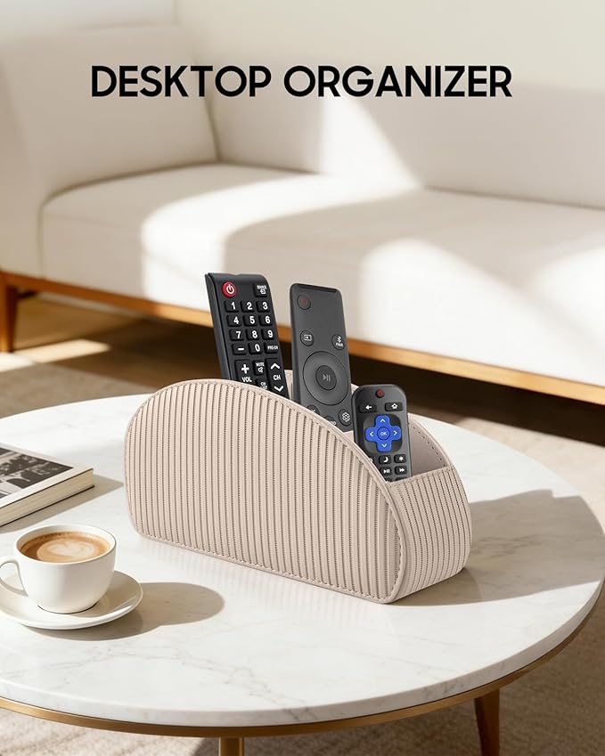SITHON Remote Control Holder with 5 Compartments - PU Leather Remote Caddy Desktop Organizer Store TV, DVD, Blu-Ray, Media Player, Heater Controllers, Stripe Latte
