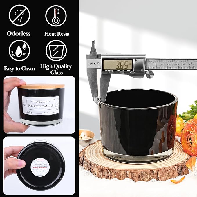 CONNOO 6-Pack 16 oz Black Candle Jars - 3-Wick Empty Glass Wide Mouth Candle Jars Come with Bamboo Lids, Sticky Warning Labels, and a Candle Wick Kit for Candle Making - Dishwasher Safe