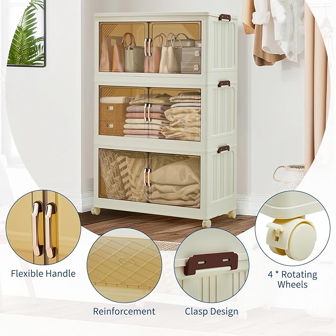 Garvee 285QT Stackable Storage Bins, Plastic Bins for Storage with Lids, Plastic Storages Drawers with Magnetic Doors & Wheels, Foldable Collapsible Closet Organizers for Home, Dorm, Office, White