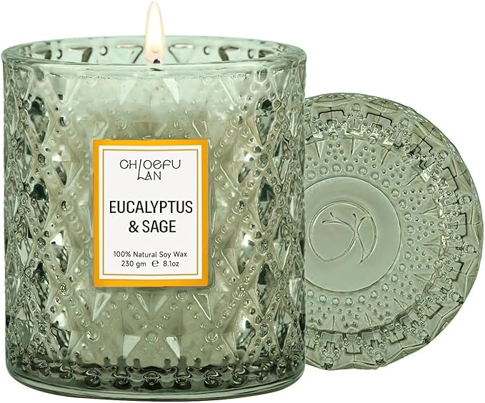 Chloefu LAN Eucalyptus & Sage Scented Candles Luxury Candle with up to 55 Hour Long Lasting, Highly Scented, 100% Soy Wax, 8.1oz, Beautiful Candles, Ideal for Home Decor and Gifts