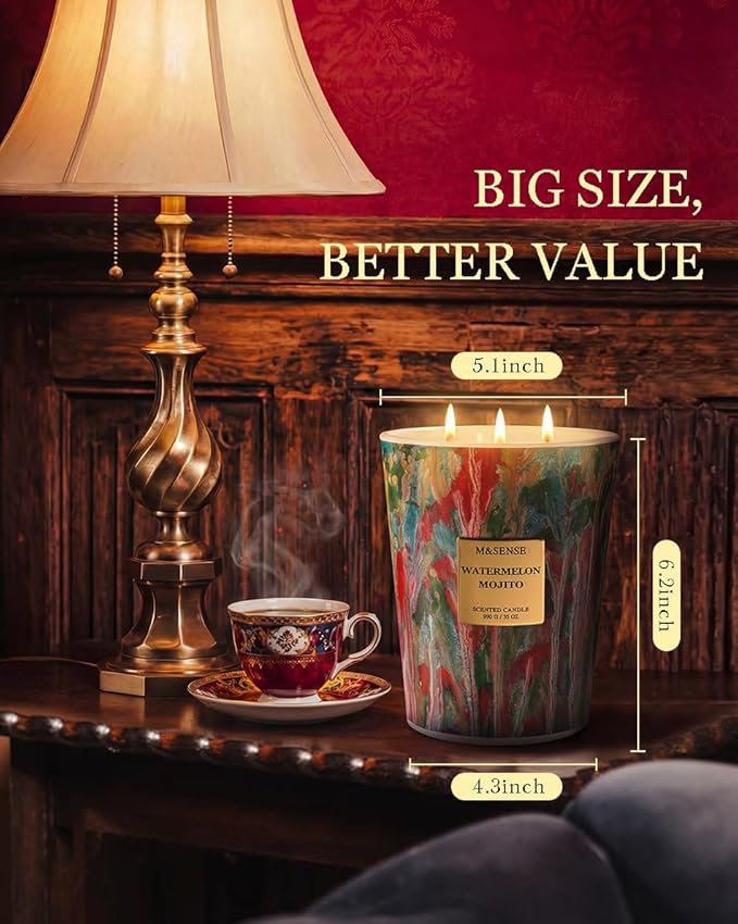 M&SENSE Large Watermelon Scented Soy Candle, 35oz 150 Hours 3-Wick Clean Burning, Natural Spring Candles Party Essential, Family-Friendly Housewarming Gift & Home Fragrance