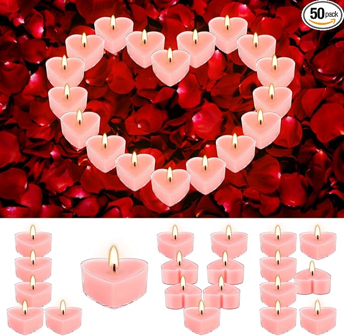 Valentine's Gift 50 PCS Heart Shaped Tea Light Candles, Rose Scented 4-Hour Burn Smokeless Tealights for Valentine's Day, Wedding Anniversary, Proposal&Romantic Decorations.