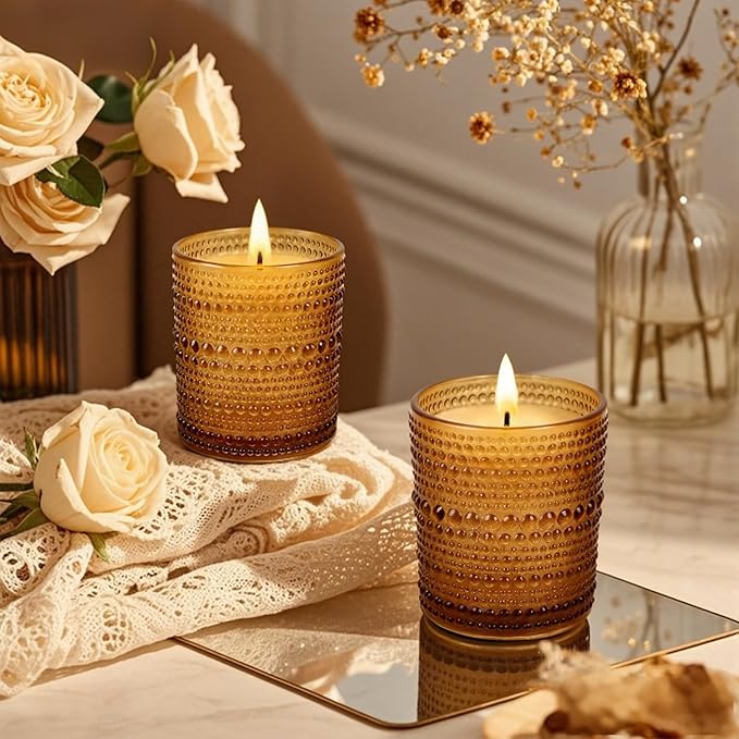 CONNOO 16pcs Pearl Candle Glass Jars with Natural Bamboo Lids, 7oz Thick Containers for Candle Making with Wicks & Stickers, Pearl Amber Jars for DIY Projects, Bulk Orders, Gifts & Home Décor