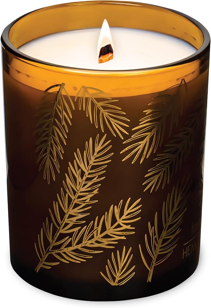 Hemlock Park Amber Gold Leaf Glass Wood Wick Candle Handcrafted with Natural Coconut Wax (Standard 7.2 oz, Foxtail Fir)