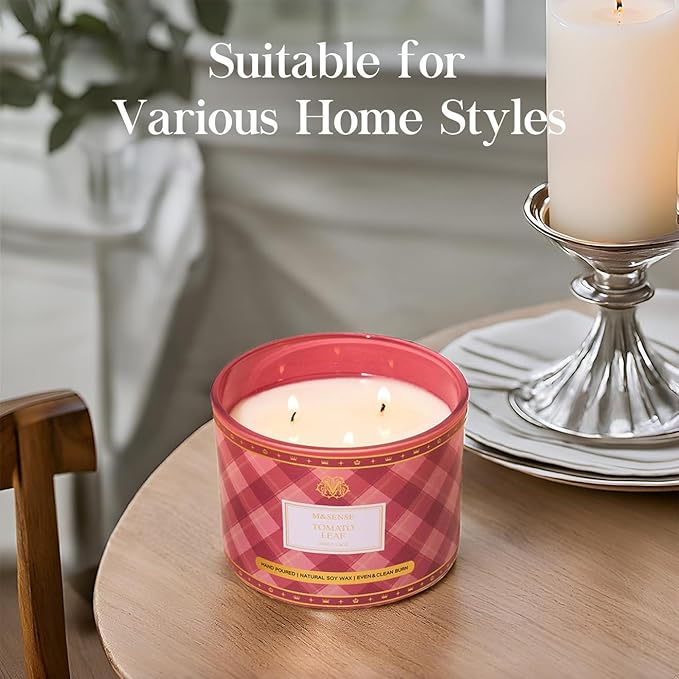 M&SENSE Plaid Pattern 3 Wick Soy Candles,11.64 oz Large Tomato Leaf Scent Candle for Relaxation, Gifting, Home Décor | for Bedroom, Office, Party
