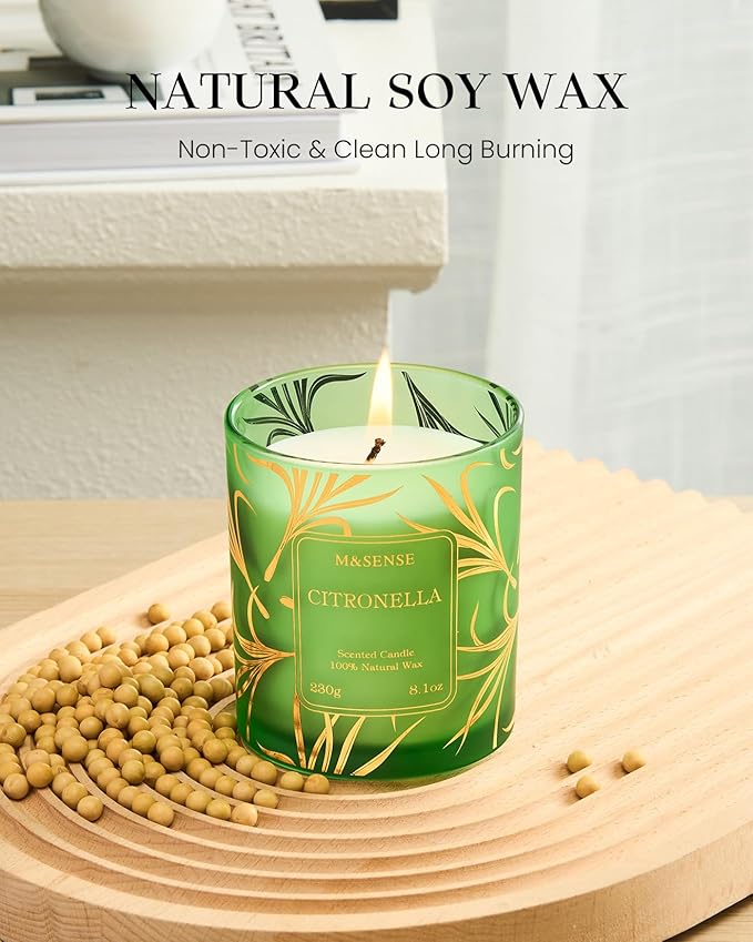 M&SENSE Citronella Candles Outdoor, 42 Hours Burn Natural Citronella Oil Soy Candle for Patio Camping, 8.1oz Long Lasting Lemongrass Summer Candles for Indoor Home Scented