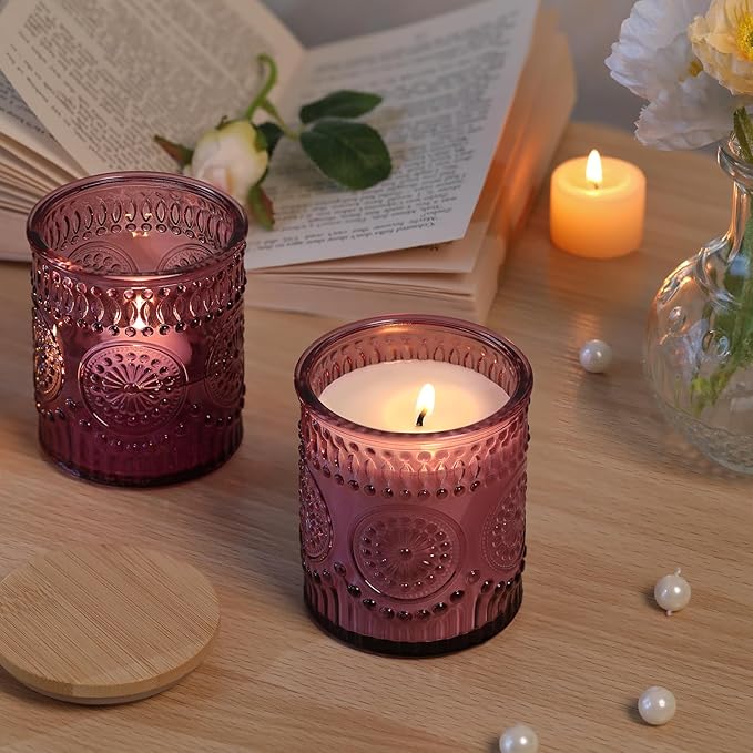 DARJEN 10 Pack Purple Candle Jars for Making Candles- 7.5 OZ Empty Glass Candle Making Jars with Bamboo Lids and Labels, Candle Making Supplies Candle Containers for Home DIY