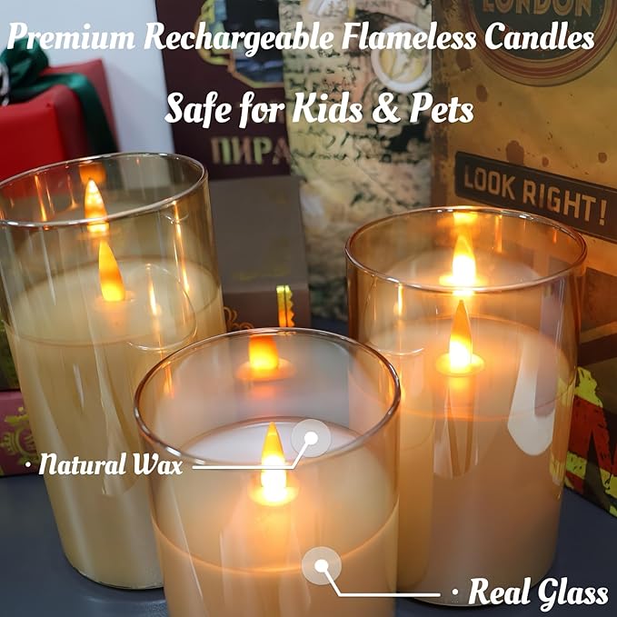 Rechargeable Flameless Candles Type-c Rechargeable Battery Candle with Remote Control and Timer Function Real Wax Warm Color Moving Flame for Halloween Christmas Festival Wedding Home Party 200 Hours