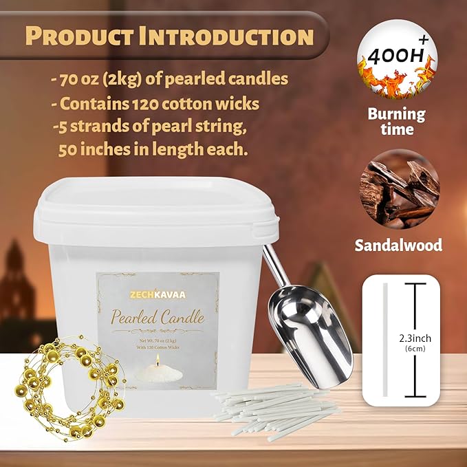 Sandalwood Scented White Pearled Candle 70.5oz Luxury Sand Candle Granulated Wax - 120 Cotton Wicks – Wax for Candle Making Decorative Candles Smooth and Clean Burning Lasts up to 400 Hours