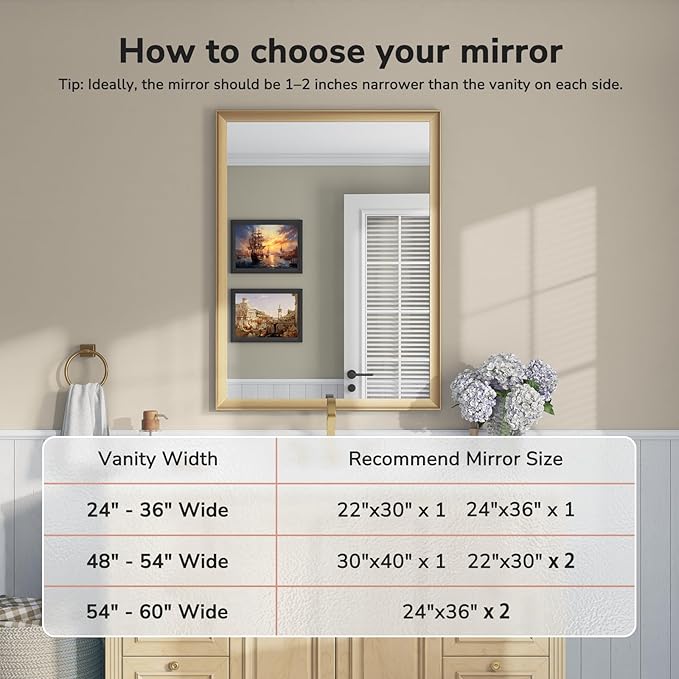 USHOWER Brushed Gold Bathroom Mirrors for Over Sink 30x40 Inch, Metal Framed Rectangle Vanity Mirror for Wall, Bedroom, Living Room, Entryway, Anti-Rust, HD Tempered Glass, Horizontal/Vertical