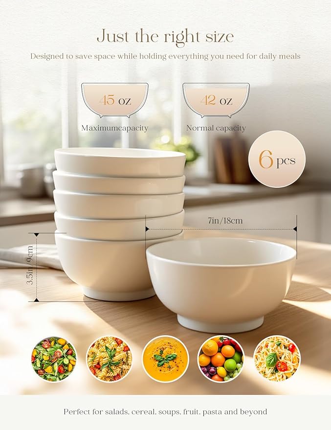 AISBUGUR Ceramic Bowls Set of 6-42OZ Deep Soup Bowls Salad Bowls for Kitchen Microwave & Dishwasher Safe - White Serving Bowls for Cereal, Soup, Pasta, Salad
