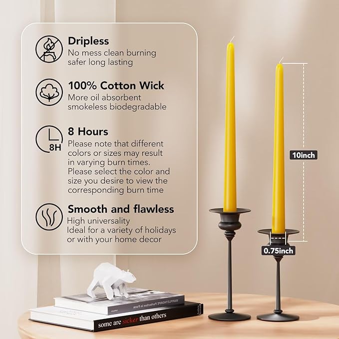 10-Inch Tall Dripless Taper Candles Set of 4 - Lemon Yellow Tapered Candles, Perfect for Spring - Smokeless, Unscented, Long Burning - Hand Poured, Colored Tall Candlesticks - Lemon
