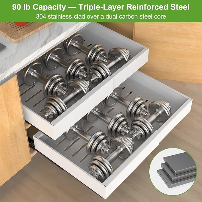 ANTOWIN 2-Pack Expandable Pull Out Cabinet Organizer 16.5"Deep(12.2"-20.5"W), 3 Full Extension Glides Slide Out Drawers, Roll Out Shelves Adhesive Raising Pad,Compatible Framed Cabinets,90lb Cap,White