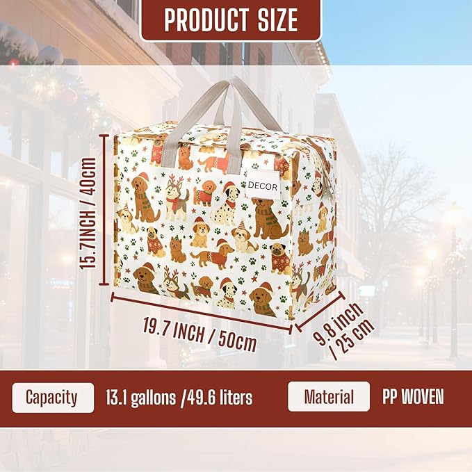 VENO 4 Pack Heavy Duty Moving Bags, Storage Bags, Packing Supplies, Top Zipper, Storage Totes for Camping, Clothes, Bedding, Comforters, Pillows, Christmas Pattern (13 Gallon, Holiday Pups, 4 Pack)