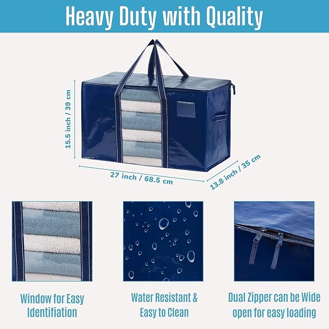 VENO 10 Pack Moving Bags with Clear Window, Heavy Duty Storage Bins with Lid, Around Handles, Tag, Zippers, Extra Large Totes Packing Moving Boxes Supplies for College Dorm Clothes (Blue, 10 Packs)